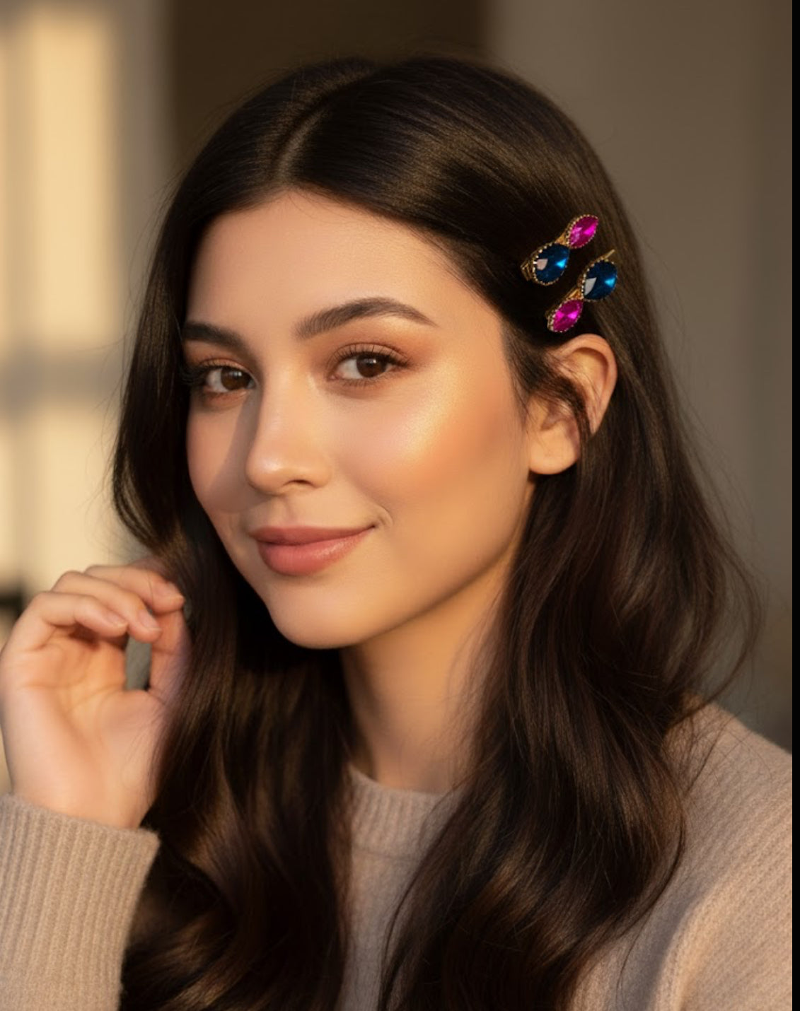 Luxury Teardrop Hair Clips | Blue & Pink Crystal Stone Pins